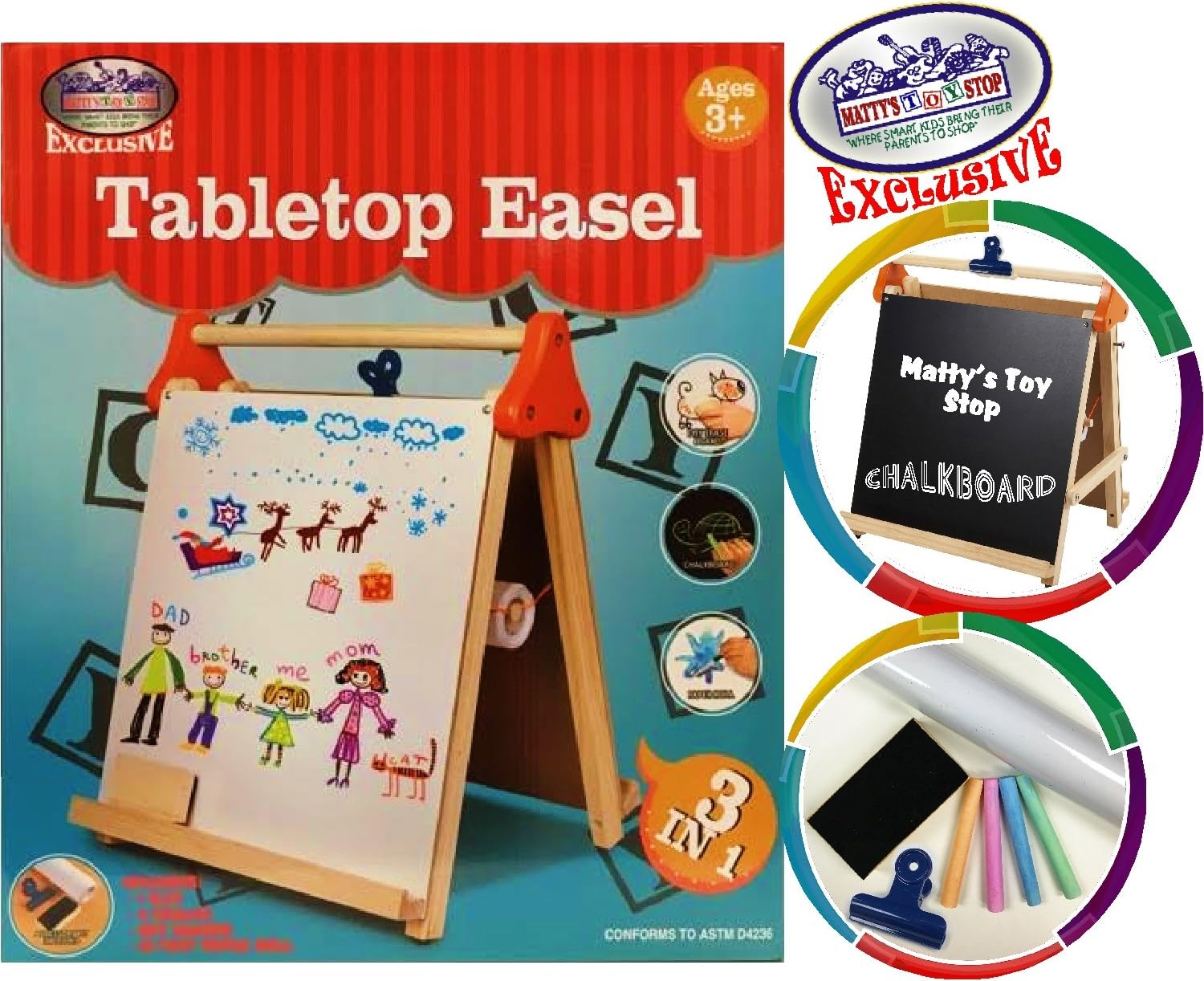 Matty's Toy Stop Deluxe 3-in-1 Wooden Tabletop Easel with Blackboard, Dry Erase, Paper Roll, Paper Clip & Accessories